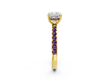 Yellow gold Cushion Cut Diamond Pave Band Solitaire Ring with Round with Amethyst side stone and Prong Setting_2