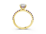 Yellow gold Cushion Cut Diamond Pave Band Solitaire Ring with Round with Amethyst side stone and Prong Setting_3