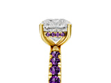 Yellow gold Cushion Cut Diamond Pave Band Solitaire Ring with Round with Amethyst side stone and Prong Setting_5