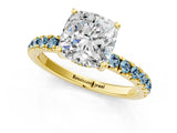 Yellow gold Cushion Cut Diamond Pave Band Solitaire Ring with Round with Aquamarine side stone and Prong Setting_13