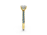 Yellow gold Cushion Cut Diamond Pave Band Solitaire Ring with Round with Aquamarine side stone and Prong Setting_14