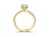 Yellow gold Cushion Cut Diamond Pave Band Solitaire Ring with Round with Aquamarine side stone and Prong Setting_15