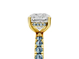 Yellow gold Cushion Cut Diamond Pave Band Solitaire Ring with Round with Aquamarine side stone and Prong Setting_17