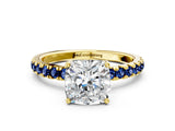 Yellow gold Cushion Cut Diamond Pave Band Solitaire Ring with Round with Blue Sapphire side stone and Prong Setting_12