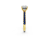Yellow gold Cushion Cut Diamond Pave Band Solitaire Ring with Round with Blue Sapphire side stone and Prong Setting_14