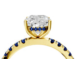 Yellow gold Cushion Cut Diamond Pave Band Solitaire Ring with Round with Blue Sapphire side stone and Prong Setting_16