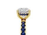 Yellow gold Cushion Cut Diamond Pave Band Solitaire Ring with Round with Blue Sapphire side stone and Prong Setting_17