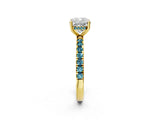 Yellow gold Cushion Cut Diamond Pave Band Solitaire Ring with Round with Blue Topaz side stone and Prong Setting_14