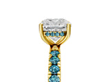 Yellow gold Cushion Cut Diamond Pave Band Solitaire Ring with Round with Blue Topaz side stone and Prong Setting_17