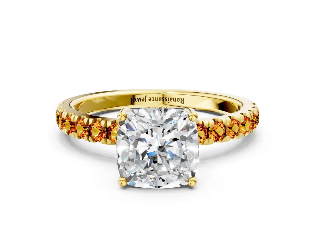 Yellow gold Cushion Cut Diamond Pave Band Solitaire Ring with Round with Citrine side stone and Prong Setting