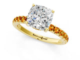 Yellow gold Cushion Cut Diamond Pave Band Solitaire Ring with Round with Citrine side stone and Prong Setting_1