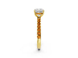 Yellow gold Cushion Cut Diamond Pave Band Solitaire Ring with Round with Citrine side stone and Prong Setting_2
