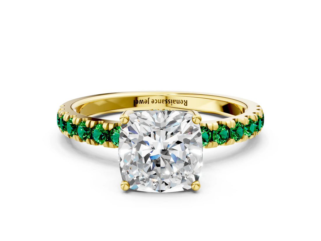 Yellow gold Cushion Cut Diamond Pave Band Solitaire Ring with Round with Emerald side stone and Prong Setting