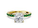 Yellow gold Cushion Cut Diamond Pave Band Solitaire Ring with Round with Emerald side stone and Prong Setting