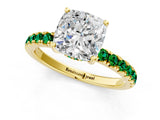 Yellow gold Cushion Cut Diamond Pave Band Solitaire Ring with Round with Emerald side stone and Prong Setting_1