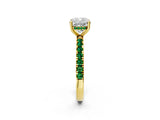 Yellow gold Cushion Cut Diamond Pave Band Solitaire Ring with Round with Emerald side stone and Prong Setting_2