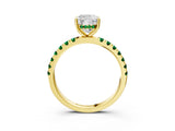 Yellow gold Cushion Cut Diamond Pave Band Solitaire Ring with Round with Emerald side stone and Prong Setting_3