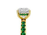 Yellow gold Cushion Cut Diamond Pave Band Solitaire Ring with Round with Emerald side stone and Prong Setting_5