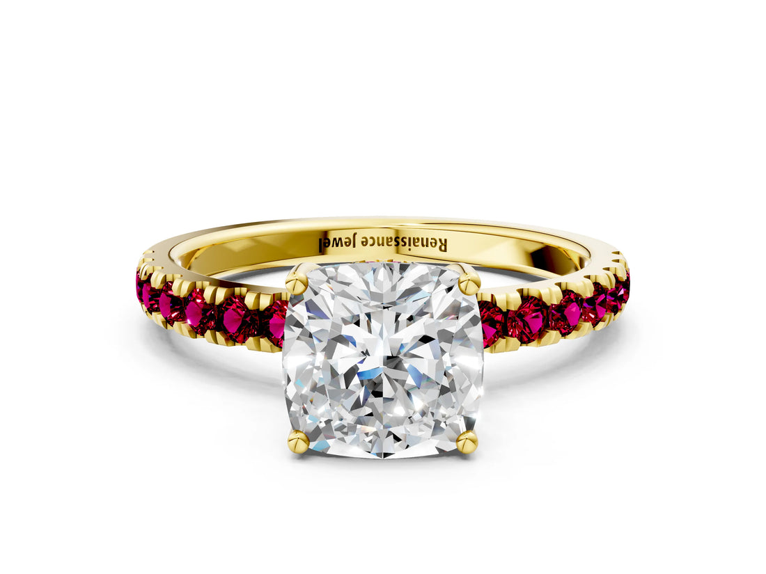 Yellow gold Cushion Cut Diamond Pave Band Solitaire Ring with Round with Garnet side stone and Prong Setting_12