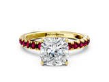 Yellow gold Cushion Cut Diamond Pave Band Solitaire Ring with Round with Garnet side stone and Prong Setting_12
