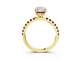 Yellow gold Cushion Cut Diamond Pave Band Solitaire Ring with Round with Garnet side stone and Prong Setting_15
