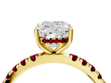 Yellow gold Cushion Cut Diamond Pave Band Solitaire Ring with Round with Garnet side stone and Prong Setting_16