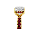 Yellow gold Cushion Cut Diamond Pave Band Solitaire Ring with Round with Garnet side stone and Prong Setting_17
