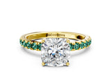 Yellow gold Cushion Cut Diamond Pave Band Solitaire Ring with Round with Green Sapphire side stone and Prong Setting_24
