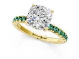 Yellow gold Cushion Cut Diamond Pave Band Solitaire Ring with Round with Green Sapphire side stone and Prong Setting_25