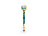 Yellow gold Cushion Cut Diamond Pave Band Solitaire Ring with Round with Green Sapphire side stone and Prong Setting_26
