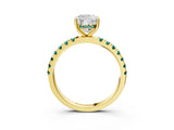 Yellow gold Cushion Cut Diamond Pave Band Solitaire Ring with Round with Green Sapphire side stone and Prong Setting_27