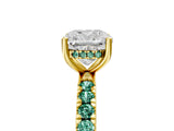 Yellow gold Cushion Cut Diamond Pave Band Solitaire Ring with Round with Green Sapphire side stone and Prong Setting_29
