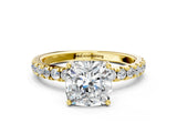 Yellow gold Cushion Cut Diamond Pave Band Solitaire Ring with Round with Moissanite side stone and Prong Setting_24