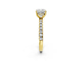 Yellow gold Cushion Cut Diamond Pave Band Solitaire Ring with Round with Moissanite side stone and Prong Setting_26