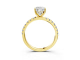 Yellow gold Cushion Cut Diamond Pave Band Solitaire Ring with Round with Moissanite side stone and Prong Setting_27