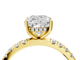 Yellow gold Cushion Cut Diamond Pave Band Solitaire Ring with Round with Moissanite side stone and Prong Setting_28