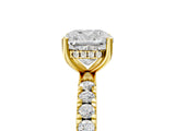Yellow gold Cushion Cut Diamond Pave Band Solitaire Ring with Round with Moissanite side stone and Prong Setting_29