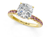Yellow gold Cushion Cut Diamond Pave Band Solitaire Ring with Round with Morganite side stone and Prong Setting_13