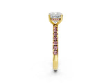Yellow gold Cushion Cut Diamond Pave Band Solitaire Ring with Round with Morganite side stone and Prong Setting_14