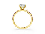 Yellow gold Cushion Cut Diamond Pave Band Solitaire Ring with Round with Morganite side stone and Prong Setting_15