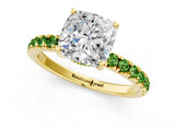 Yellow gold Cushion Cut Diamond Pave Band Solitaire Ring with Round with Peridot side stone and Prong Setting_1