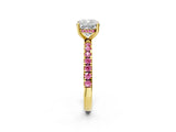Yellow gold Cushion Cut Diamond Pave Band Solitaire Ring with Round with Pink Sapphire side stone and Prong Setting_14