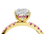Yellow gold Cushion Cut Diamond Pave Band Solitaire Ring with Round with Pink Sapphire side stone and Prong Setting_16