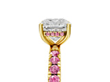 Yellow gold Cushion Cut Diamond Pave Band Solitaire Ring with Round with Pink Sapphire side stone and Prong Setting_17