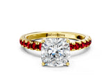 Yellow gold Cushion Cut Diamond Pave Band Solitaire Ring with Round with Ruby side stone and Prong Setting_12