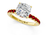 Yellow gold Cushion Cut Diamond Pave Band Solitaire Ring with Round with Ruby side stone and Prong Setting_13