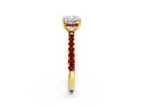 Yellow gold Cushion Cut Diamond Pave Band Solitaire Ring with Round with Ruby side stone and Prong Setting_14