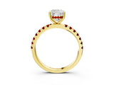 Yellow gold Cushion Cut Diamond Pave Band Solitaire Ring with Round with Ruby side stone and Prong Setting_15