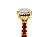 Yellow gold Cushion Cut Diamond Pave Band Solitaire Ring with Round with Ruby side stone and Prong Setting_17