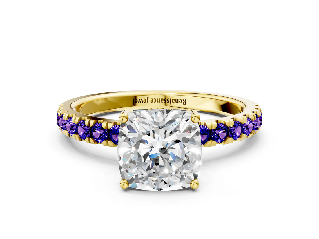 Yellow gold Cushion Cut Diamond Pave Band Solitaire Ring with Round with Tanzanite side stone and Prong Setting